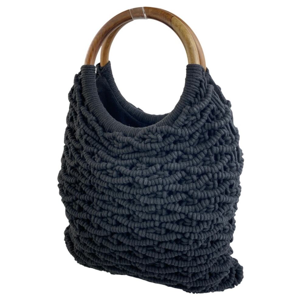 Sigrid Olsen Black Knit Hobo Bag with Wooden Handles